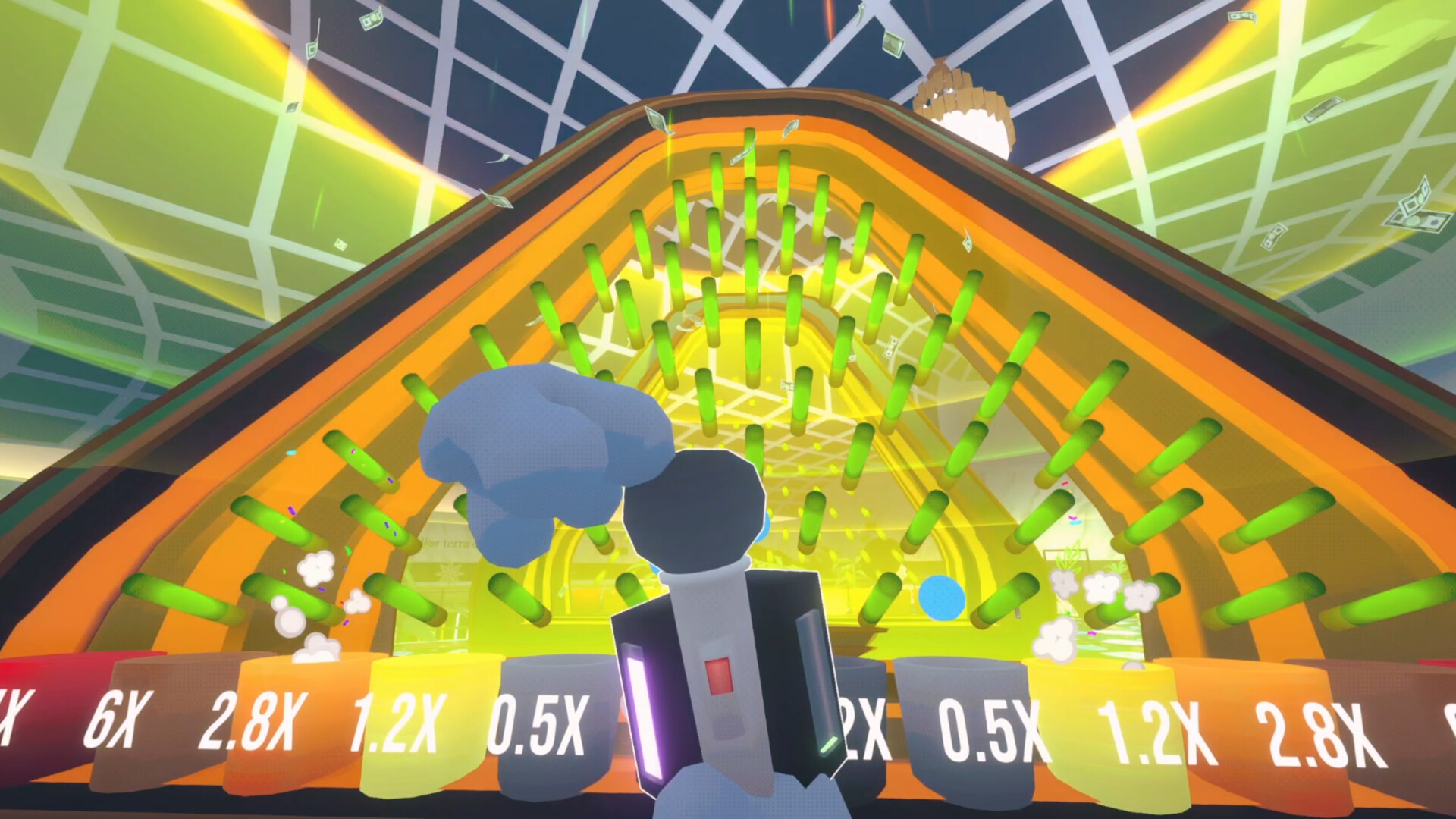 A bright gold casino machine viewed from behind two players